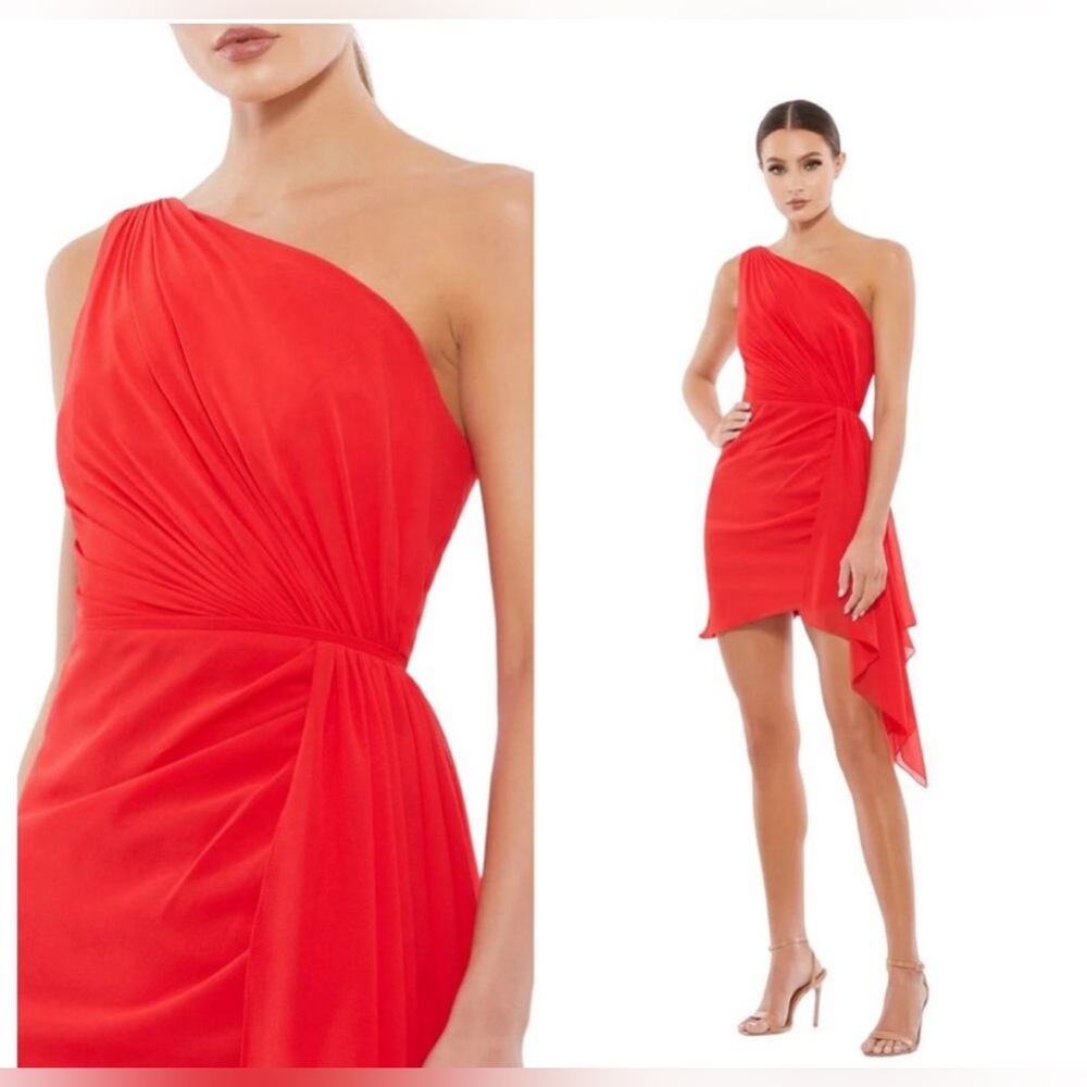 NWT IEENA for MAC DUGGAL Red Asymmetrical Draped One Shoulder Mini Dress Women's